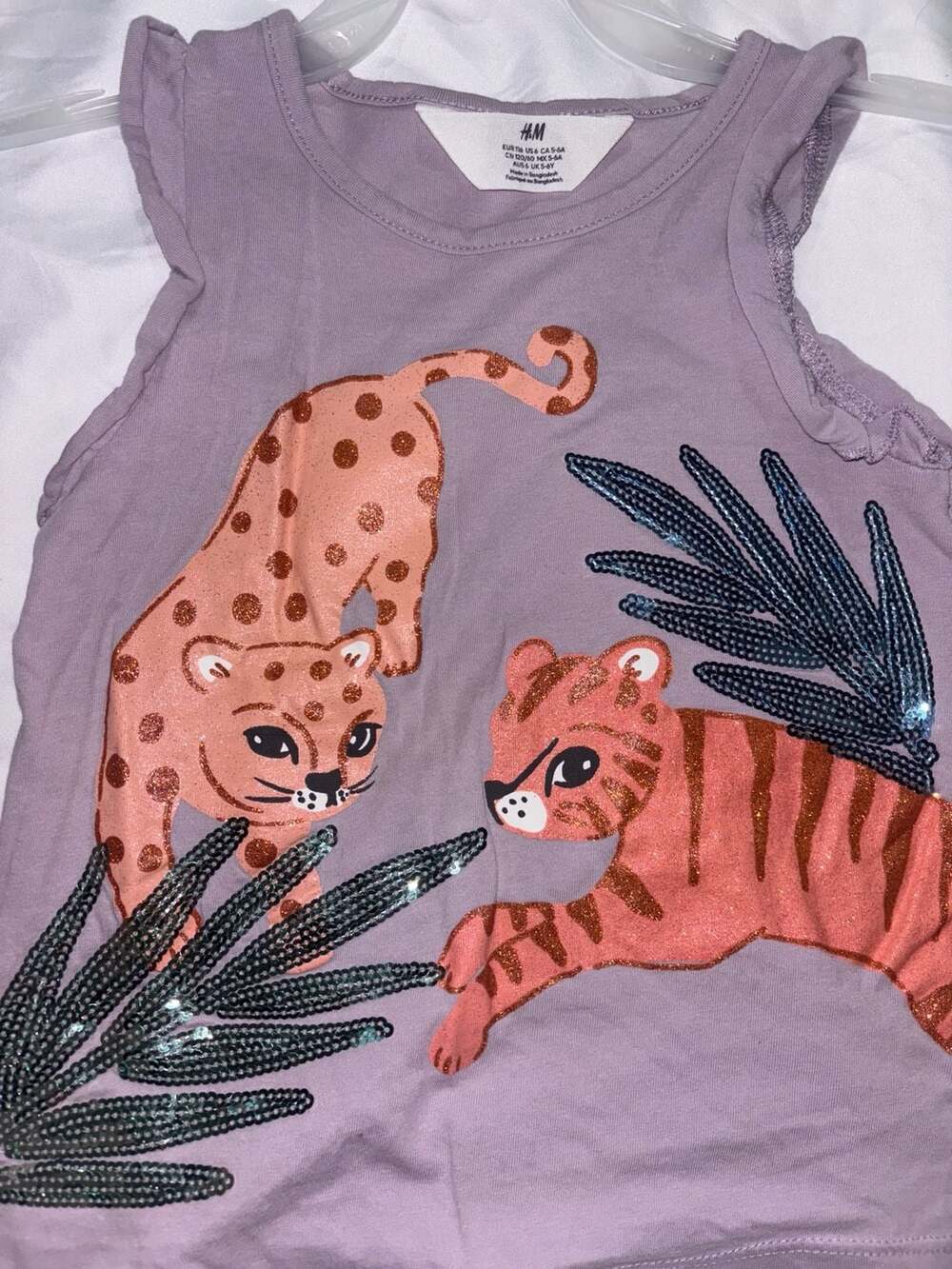 H&M Leopard Tiger Tank Top Size 5-6Y Purple Sequin Graphic